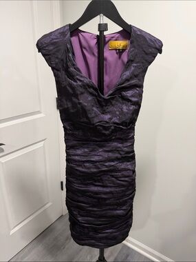 Nicole Miller Purple Ruched Cap-Sleeve Cocktail Dress. Small snag in upper back